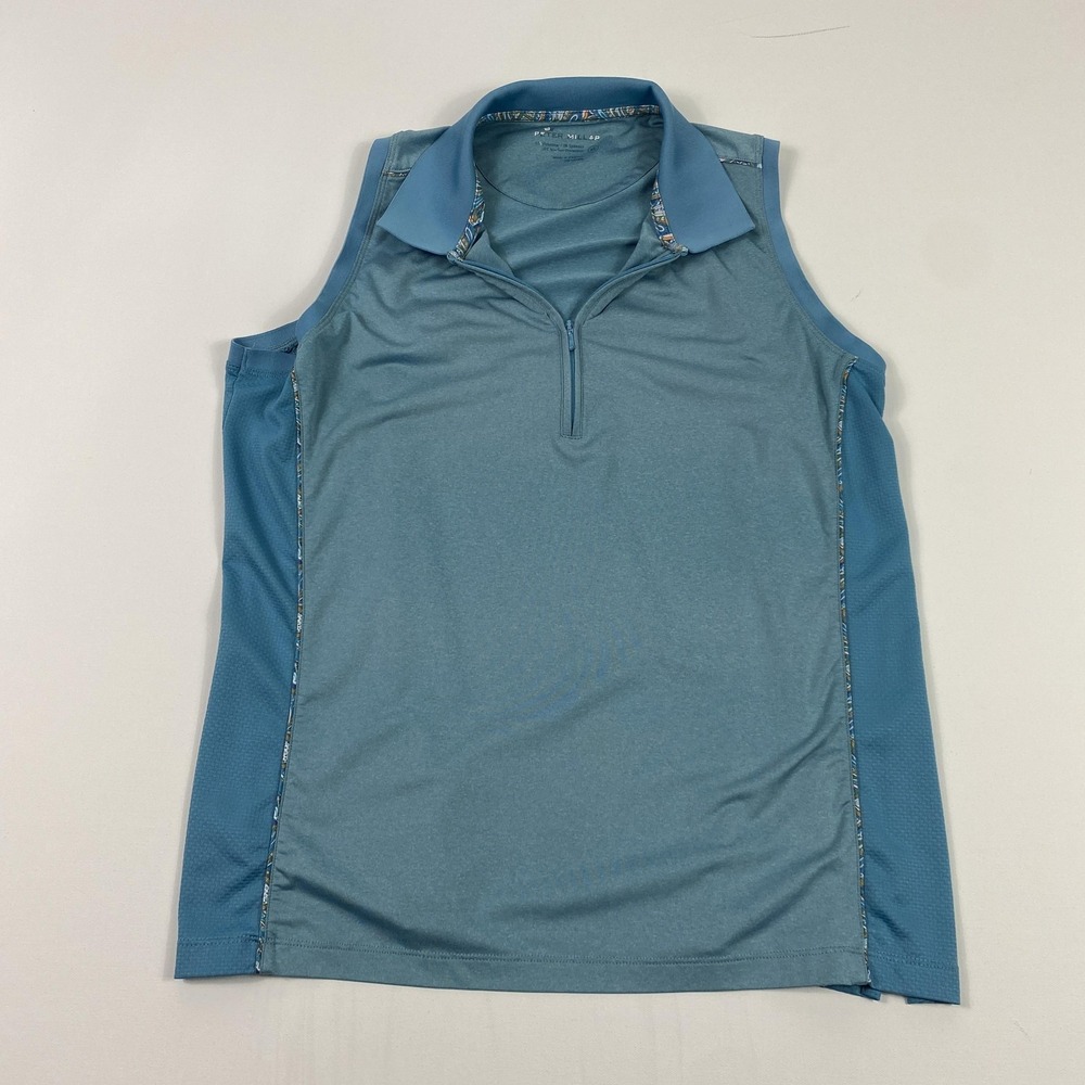 Peter Millar Polo Shirt Womens XL Blue Sleeveless Quarter Zip Golf UPF 50+ Tech